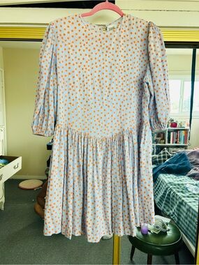 Women's Light Blue Dress with Orange Polka Dots